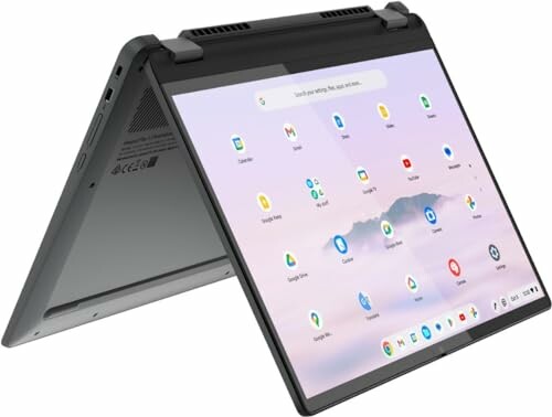 2-in-1 touchscreen laptop in tent mode displaying apps