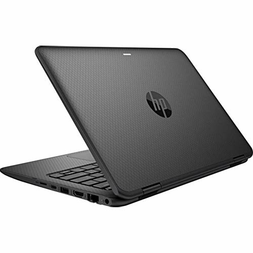 Back view of a black laptop with logo.
