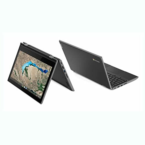 Convertible Chromebook laptop in tent and normal mode.