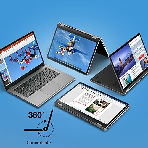Convertible laptop in various modes on blue background.