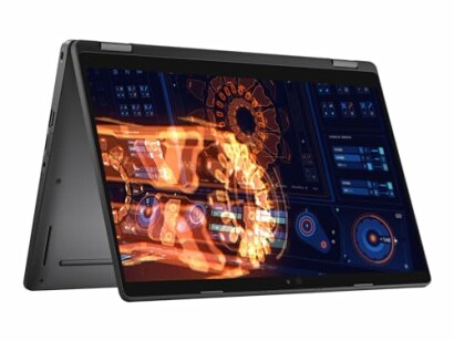 Laptop in tent mode displaying a futuristic tech interface