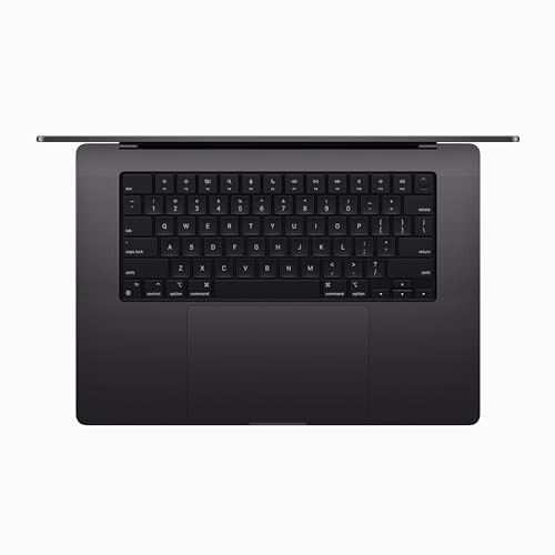 Top view of a black laptop with keyboard and trackpad.