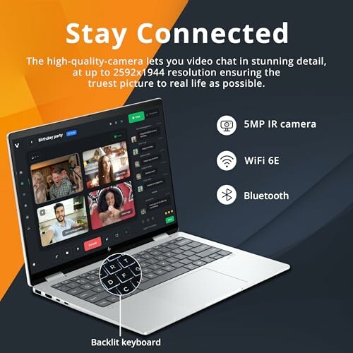 Laptop displaying a video chat with features like 5MP IR camera, WiFi 6E, and Bluetooth.